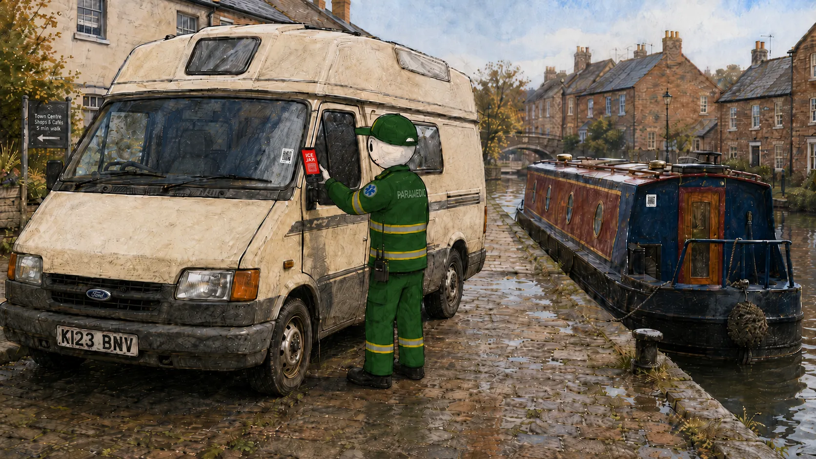A paramedic scanning an ICE Jar QR code on a campervan windscreen beside a canal, with a narrowboat moored nearby